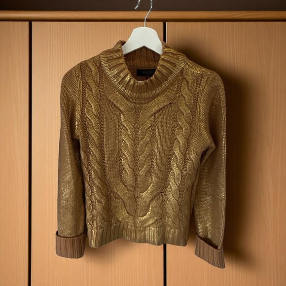 Rachel Roy Metallic Gold Cable Knit Sweater Small Shiny Pullover Mock Neck - Picture 8 of 9